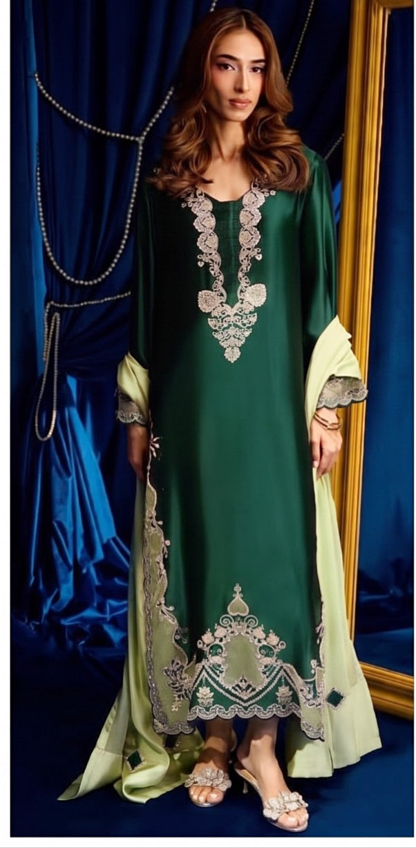 3pc Silk Green article with double tone silk dupatta