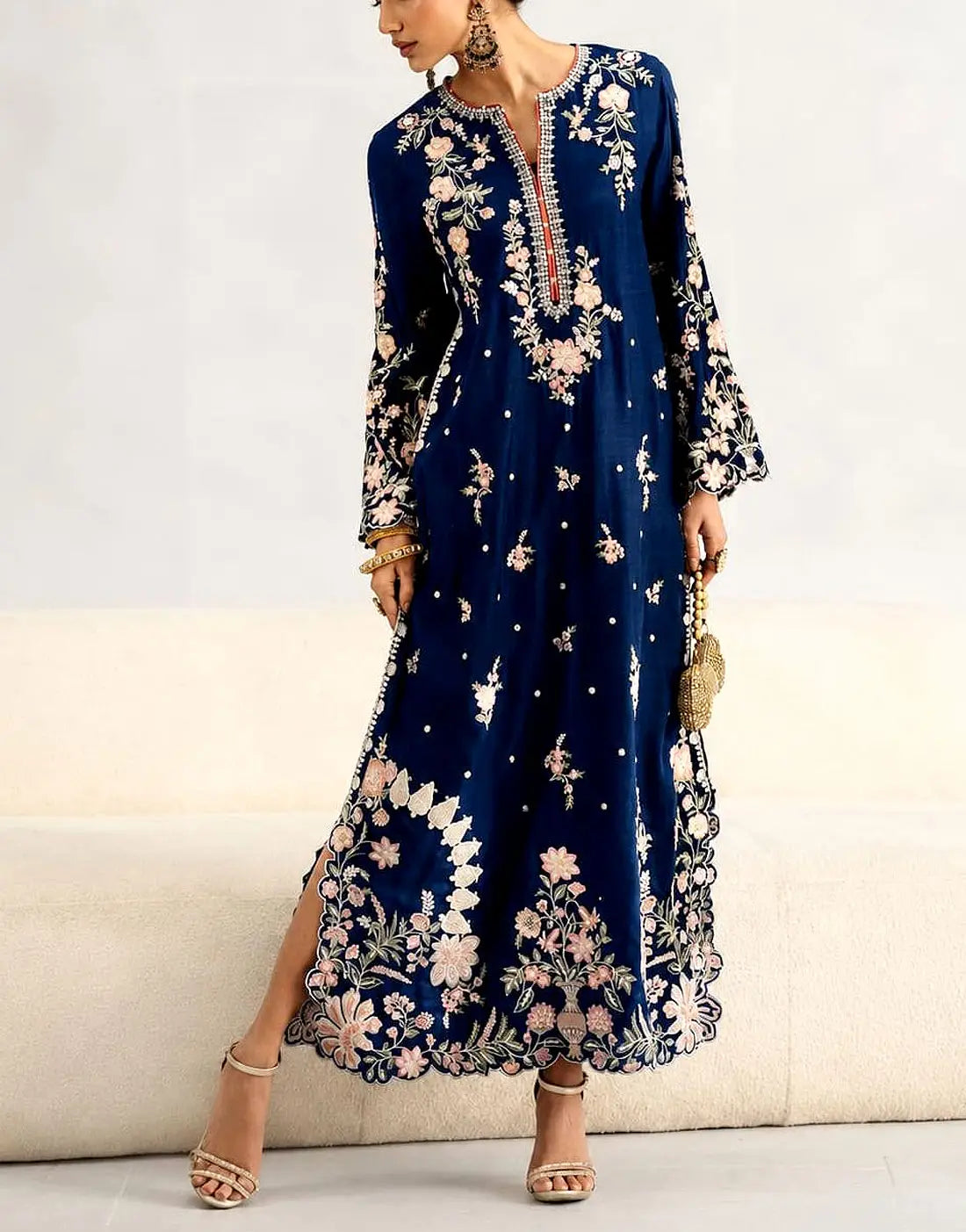 Meera Blue Ethnic Silk 2PC Unstitched Suit | Pariza